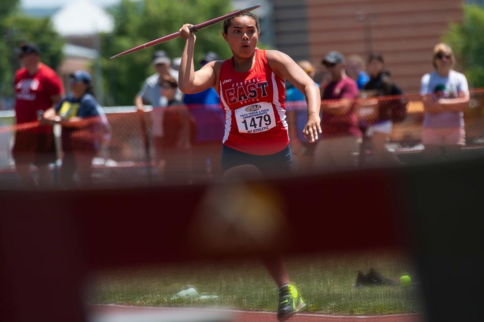 Central Bucks East's Mia Rivera competes in the 3A javelin throw at the PIAA Track and Field Championships at Shippensburg University Saturday, May 27, 2023.