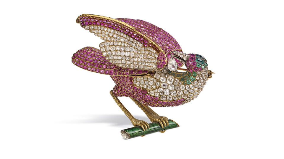 Antique ruby, emerald, and diamond bird brooch