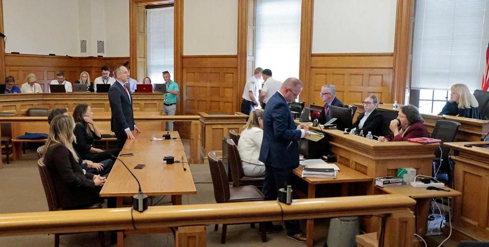 Before the jury enters, Judge Beverly J. Cannone, right, speaks to the defense and prosecution during the Karen Read trial at the Norfolk Superior Court in Dedham, Mass., Monday, July 1, 2024. This is their fifth day of deliberations in the murder trial for Read. Read is accused of backing her SUV into her Boston Police officer boyfriend, John O'Keefe, and leaving him to die in a blizzard in Canton, in 2022. (Pat GreenhouseThe Boston Globe via AP, Pool)