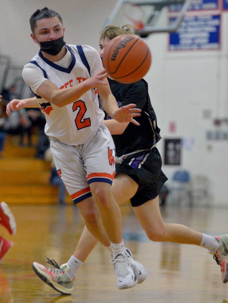 Keefe Technical High School senior David Maude makes a pass against Blackstone Valley Technical High School, Jan. 5, 2022.