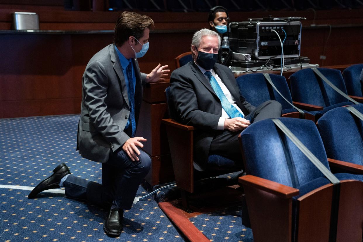 Rep. Matt Gaetz, R-Fla., speaks with White House chief of staff Mark Meadows during a House Judiciary Committee markup of the Justice in Policing Act of 2020 on Capitol Hill in Washington, Wednesday, June 17, 2020. (Sarah Silbiger/Pool via AP)