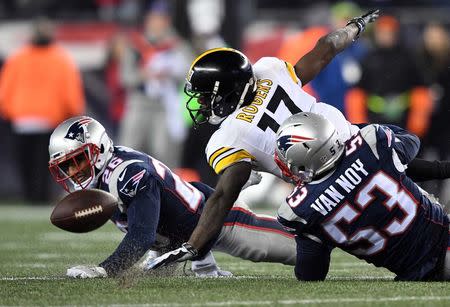 Pittsburgh Steelers wide receiver Eli Rogers fumbles the ball against Pittsburgh Steelers center Maurkice Pouncey. James Lang-USA TODAY Sports