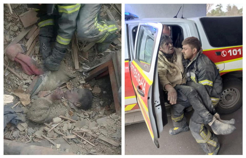 A combination picture shows a woman before and after she was removed by rescuers from debris following a military strike, as Russia's invasion of Ukraine continues, in the town of Rubizhne, in Luhansk region, Ukraine April 6, 2022. Press service of the State Emergency Service of Ukraine/Handout via REUTERS THIS IMAGE HAS BEEN SUPPLIED BY A THIRD PARTY.   THIS PICTURE WAS PROCESSED BY REUTERS TO ENHANCE QUALITY. UNPROCESSED VERSIONS HAVE BEEN PROVIDED SEPARATELY.     TPX IMAGES OF THE DAY