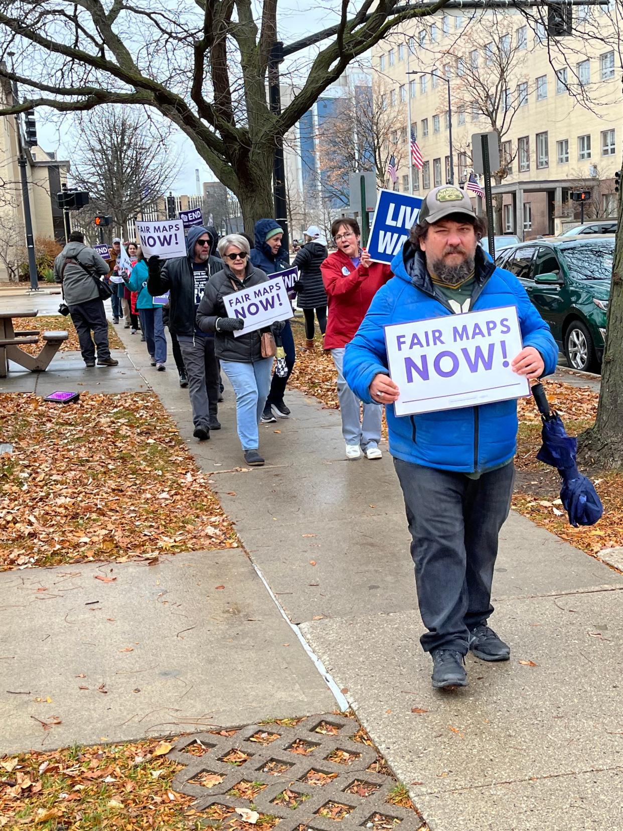 The Fair Maps Coalition holds a rally in Green Bay on Tuesday to protest the state's electoral maps that heavily lean in favor of Republicans.