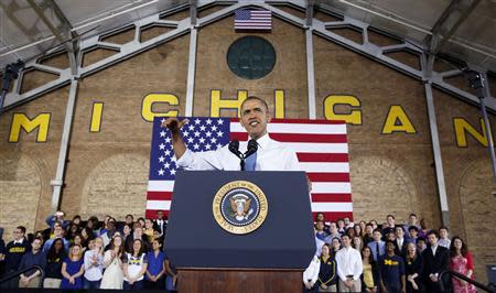 U.S. President Barack Obama addresses students at the University of Michigan in Ann Arbor, Michigan, April 2, 2014. REUTERS/Larry Downing