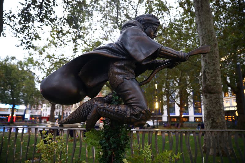 A statue of Harry Potter, based on the JK Rowling novels, is seen after it was unveiled at Leicester Square in London