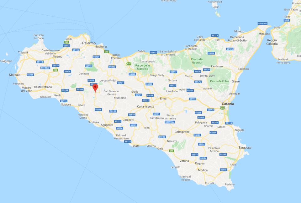 Map of Sicily, with pin dropped at Bivona. Source: Google Maps.