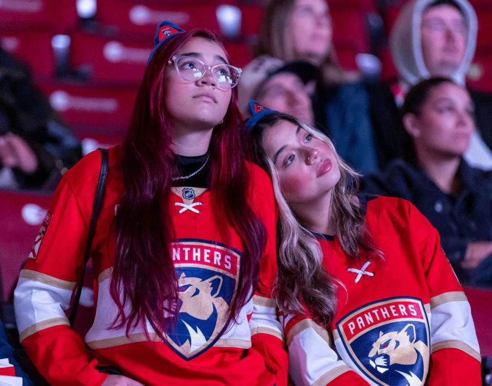 Florida Panthers fans react as they watch their team play against the Edmonton Oilers in Game 6 of the NHL Stanley Cup Final at the Amerant Bank Arena on Friday, June 21, 2024, in Sunrise, Fla.