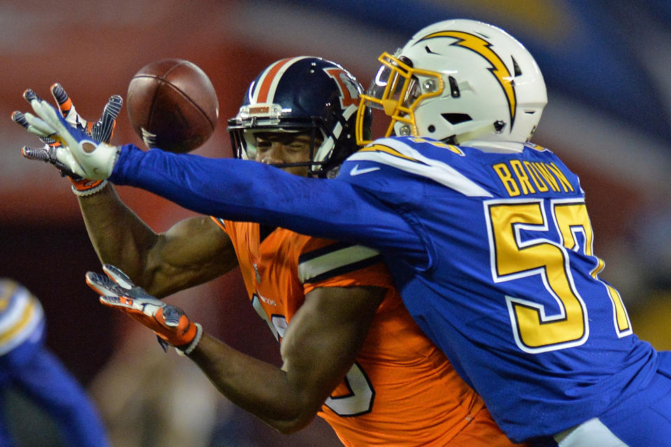 <p>Denver Broncos wide receiver Bennie Fowler (16) is defended by San Diego Chargers inside linebacker Jatavis Brown (57) during the second quarter at Qualcomm Stadium. Mandatory Credit: Jake Roth-USA TODAY Sports </p>