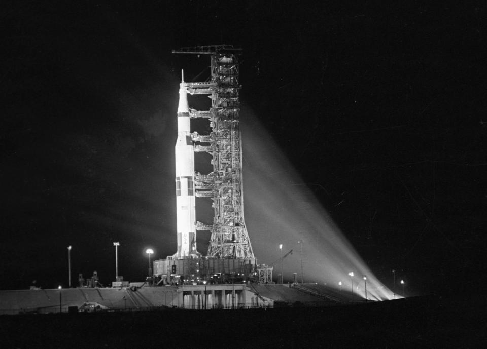 View of the NASA's Apollo 11 mission rocket illuminated on the launch pad at Kennedy Space Center, Cape Kennedy (formerly and latterly known as Cape Canaveral), Florida, July 16, 1969. (Photo: CBS Photo Archive/Getty Images)