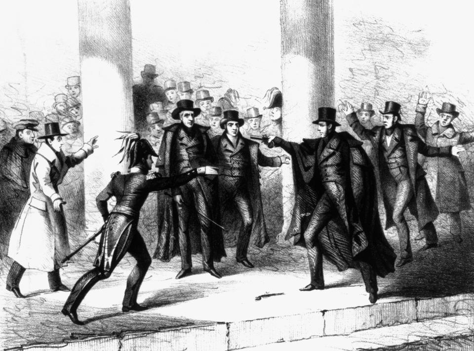 A sketch of Andrew Jackson being confronted by a gunman outside the Capitol in 1835.