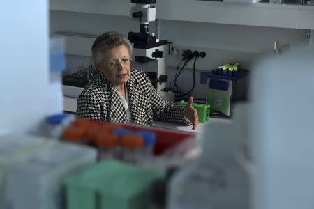 Francoise Barre-Sinoussi, French virologist and director of the Regulation of Retroviral Infections Division (Unite de Regulation des Infections Retrovirales) at the Institut Pasteur, speaks during an interview with Reuters, in Paris, France, October 1, 2015. REUTERS/Philippe Wojazer