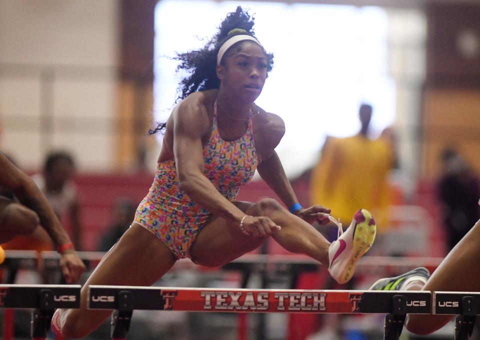 Alaysha Johnson, who won the U.S. championship in the 60-meter hurdles last year, competes in that event on Jan. 20 at the Sports Performance Center. Johnson ran her last college season for Texas Tech and finished a master's degree at Tech.