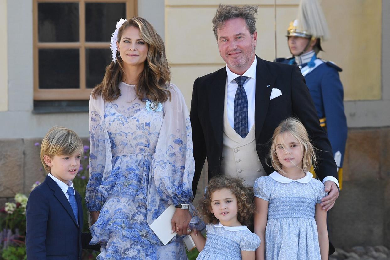 Princess Madeleine, Princess Adrienne, Princess Leonore, Prince Nicolas and Christopher O'Neill attend Prince Julian's baptism outside Drottningholm Castle Chapel