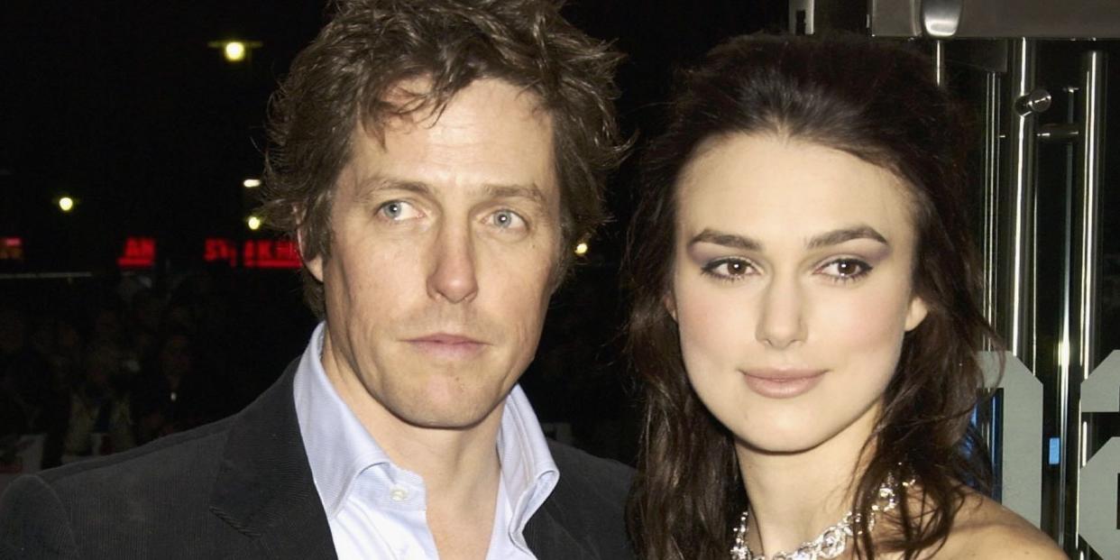 london   november 16 hugh grant and keira knightley at the uk premiere of the film love actually held at the odeon cinema leicester square on november 16, 2003 in london photo by dave benettgetty images