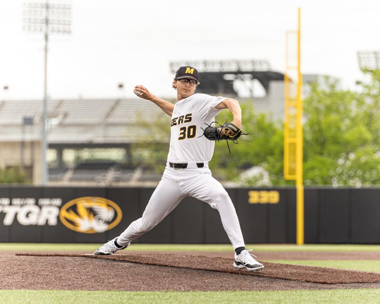 Missouri pitcher Carter Rustad throws during the Tigers' win over South Carolina on Saturday at Taylor Stadium in Columbia.