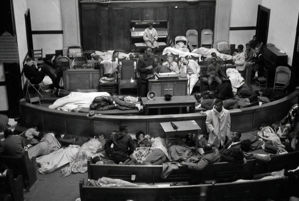 Photographer Robert J. Ellison captured civil rights activists asleep at Brown Chapel A.M.E. Church, Selma, Alabama, in March 1965. Brown Chapel was the starting point for the Selma to Montgomery march. Photo courtesy of the Wisconsin Veterans Museum