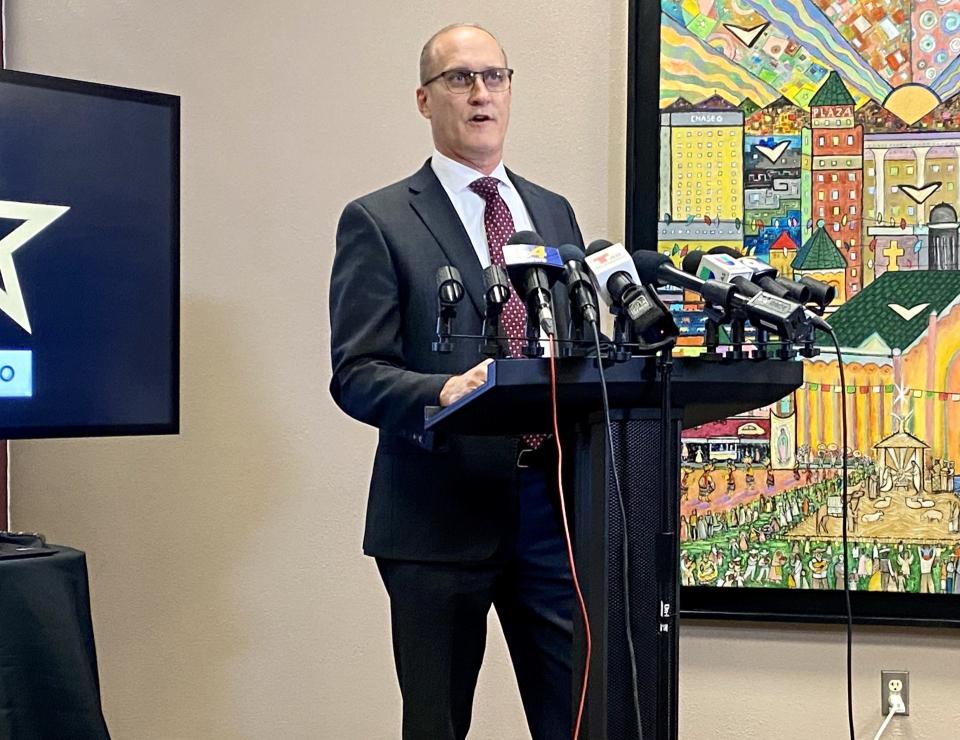 Interim City Manager Cary Westin speaks during a news conference Monday, Aug. 14, 2023, to discuss the city's no-new revenue budget for 2024.