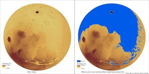 A recent study by Northern Illinois University showed how much water once flowed on Mars based on the present day geography and geology - Credit: Northern Illinois University 