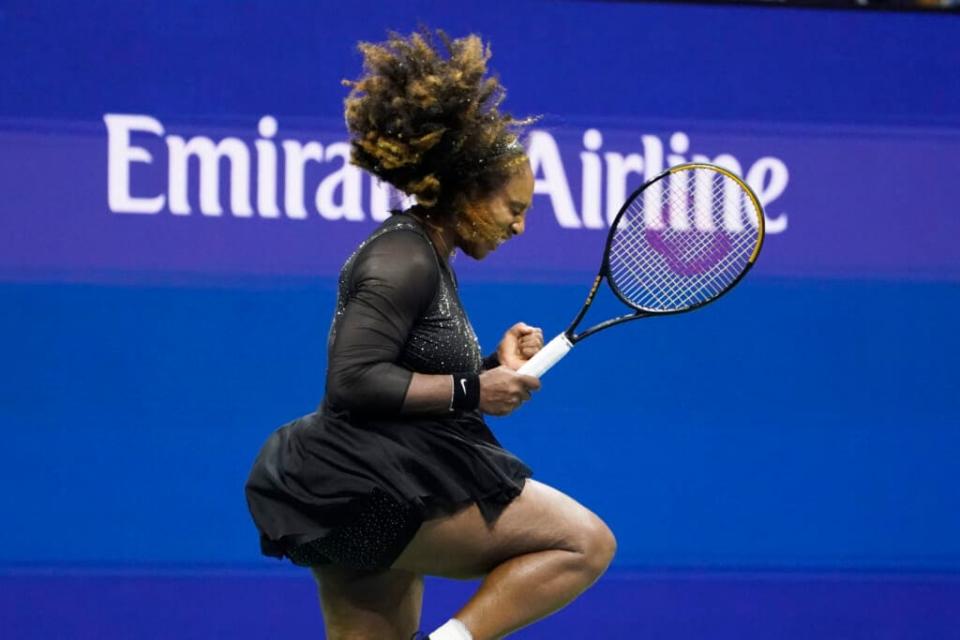 Serena Williams, of the United States, reacts after defeating Danka Kovinic, of Montenegro, during the first round of the US Open tennis championships, Monday, Aug. 29, 2022, in New York. (AP Photo/John Minchillo)