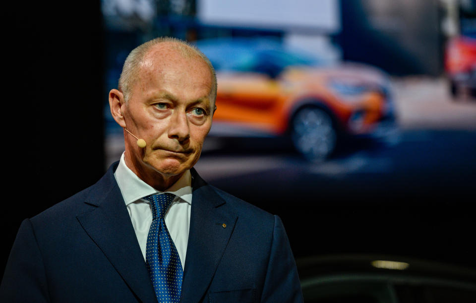FRANKFURT AM MAIN, GERMANY - SEPTEMBER 10:  Chairman of Renault Thierry Bollore presents the new Renault Captur at the Renault press conference at  the IAA Frankfurt Motor Show on September 10, 2019 in Frankfurt am Main, Germany. The latest electric car technology is among the highlights of this years show. The IAA will be open to the public from September 12 through 22. (Photo by Sascha Schuermann/Getty Images)