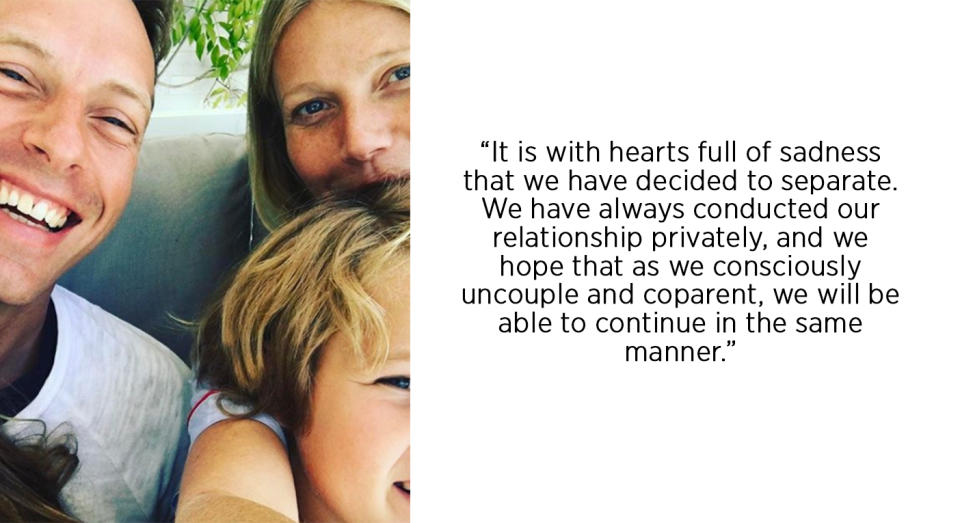 “There is a real emphasis on sadness in this statement,” says Nichi Hogson of the most famous breakup statement ever. “‘Consciously uncoupling’ is a more elevated and acrimonious way of announcing separation rather than divorce. It suggests they’re trying to take the spiritual, ‘progressive’ route out of sadness,” she explains. [Photo: Instagram/Gwyneth Paltrow]