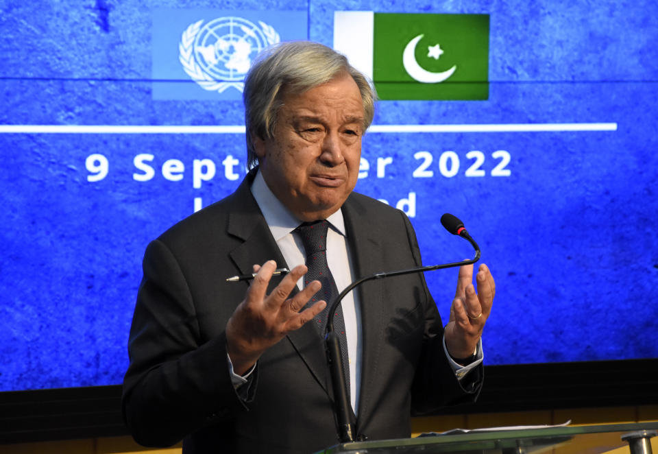 U.N. Secretary-General Antonio Guterres, speaks during a joint press conference with Pakistani Foreign Minister Bilawal Bhutto Zardari at the Foreign Ministry in Islamabad, Pakistan, Friday, Sept. 9, 2022. U.N. Guterres appealed to the world for help for cash-strapped Pakistan after arriving in the country Friday to see the climate-induced devastation from months of deadly record floods. (AP Photo/W.K. Yousafzai)