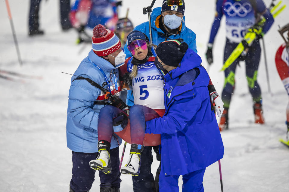 Ingrid Landmark Tandrevold, pictured here being carried away after the women´s biathlon pursuit at the Winter Olympics.