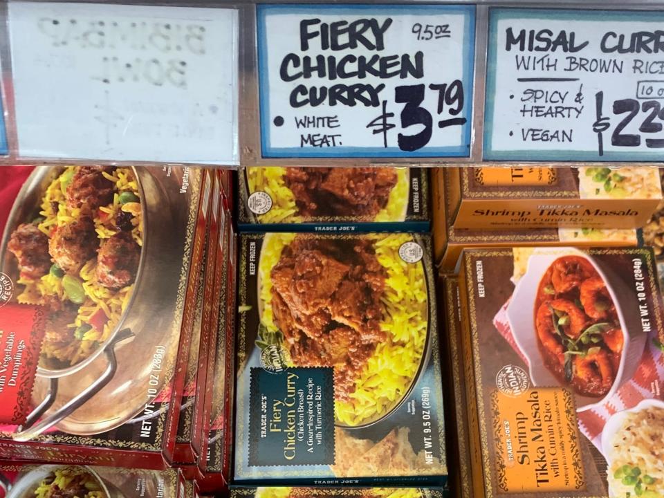 fiery chicken curry in the freezer aisle at trader joes