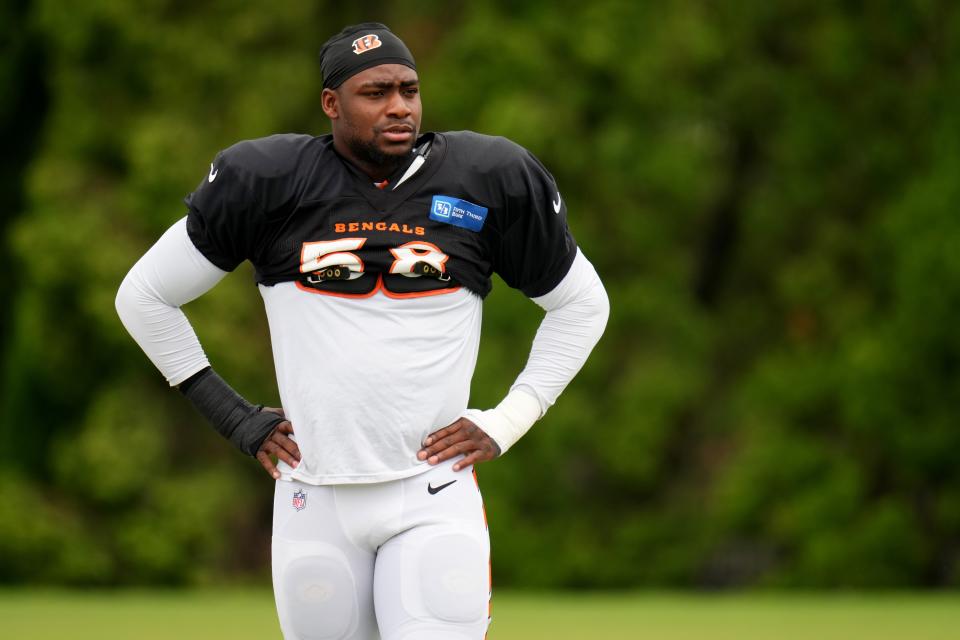 Cincinnati Bengals defensive end Joseph Ossai (58) waits for stretching to begin during a joint practice between the Green Bay Packers and the Cincinnati Bengals, Wednesday, Aug. 9, 2023, at the practice fields next to Paycor Stadium in Cincinnati.