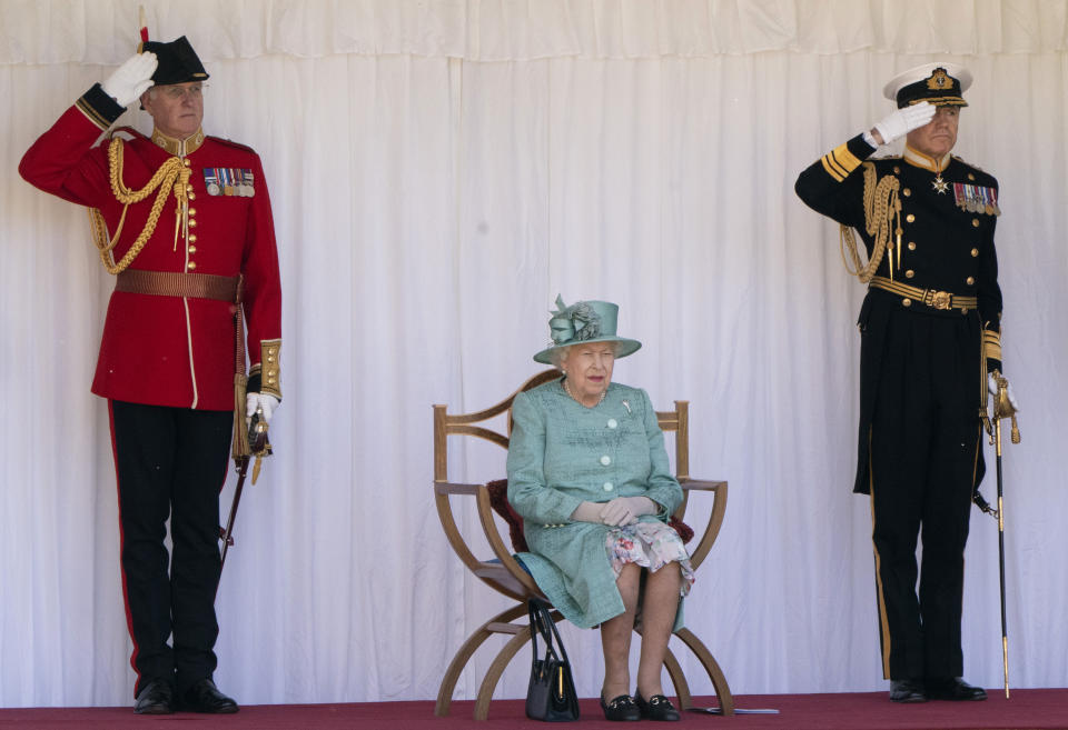 WINDSOR, ENGLAND - JUNE 13:  Queen Elizabeth II attends a ceremony to mark her official birthday at Windsor Castle on June 13, 2020 in Windsor, England. The Queen celebrates her 94th birthday this year, in line with Government advice, it was agreed that The Queen's Birthday Parade, also known as Trooping the Colour, would not go ahead in its traditional form. (Photo by Paul Edwards - WPA Pool/Getty Images)