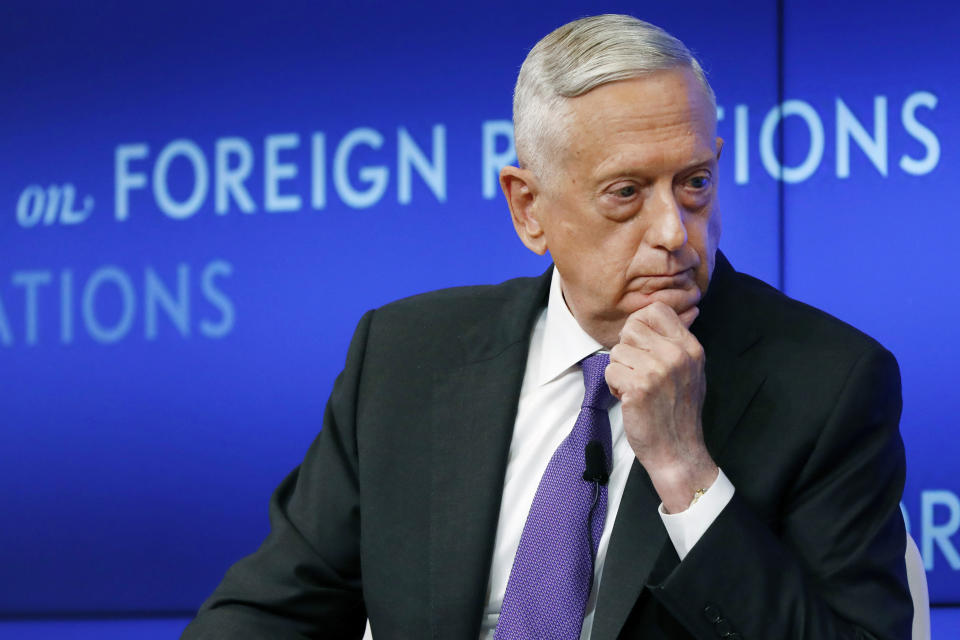 FILE - In this Sept. 3, 2019, file photo, former U.S. Secretary of Defense Jim Mattis listens to a question during his appearance at the Council on Foreign Relations in New York. All 10 living former secretaries of defense, including Mattis, have joined in cautioning against any attempt to use the military in the cause of overturning the November 2020 presidential election. (AP Photo/Richard Drew, File)