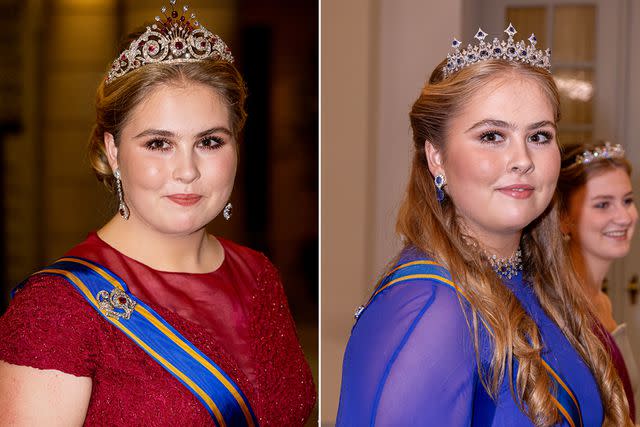 <p>Getty </p> (Left) Princess Amalia at the royal wedding of Crown Prince Hussein of Jordan in June 2023; (Right) Princess Amalia at the gala dinner celebrating Crown Prince Christian of Denmark's birthday in October 2023.