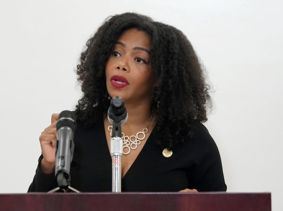 Franklin County Board of Commissioners President Erica Cawley speaks Wednesday during a dedication ceremony for the new James A. Karnes Corrections Center.