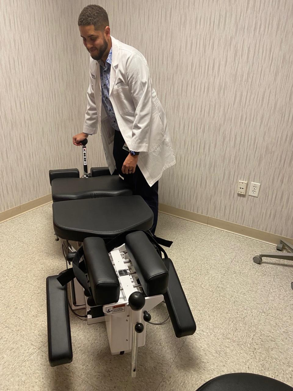 The Cox Flexion Distraction Table is used for a doctor-guided traction technique that allows movement in different directions and joint planes for the neck and lower back.