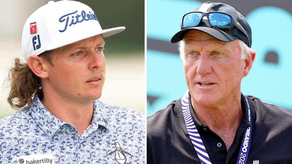 Pictured left to right, Aussie golf icons Cameron Smith and Greg Norman.