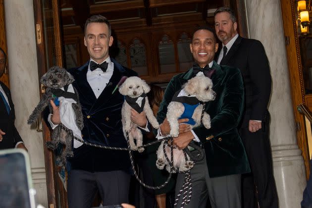 Tim Malone and Don Lemon pose outside of Manhattan's Fifth Avenue Presbyterian Church after getting married on Thursday.