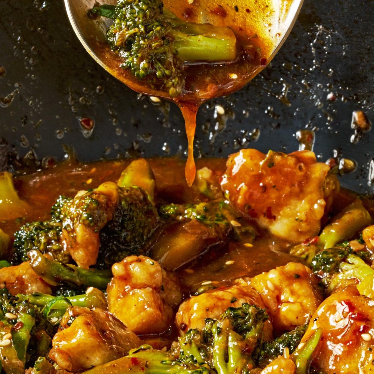 crispy baked tofu tossed with a sweet and savory chili spiked sesame sauce and crisp tender broccoli