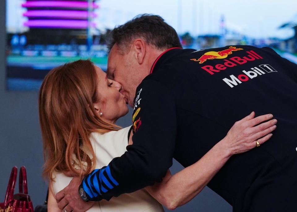 Christian and Geri Horner share a kiss before the Bahrain Grand Prix (David Davies/PA Wire)