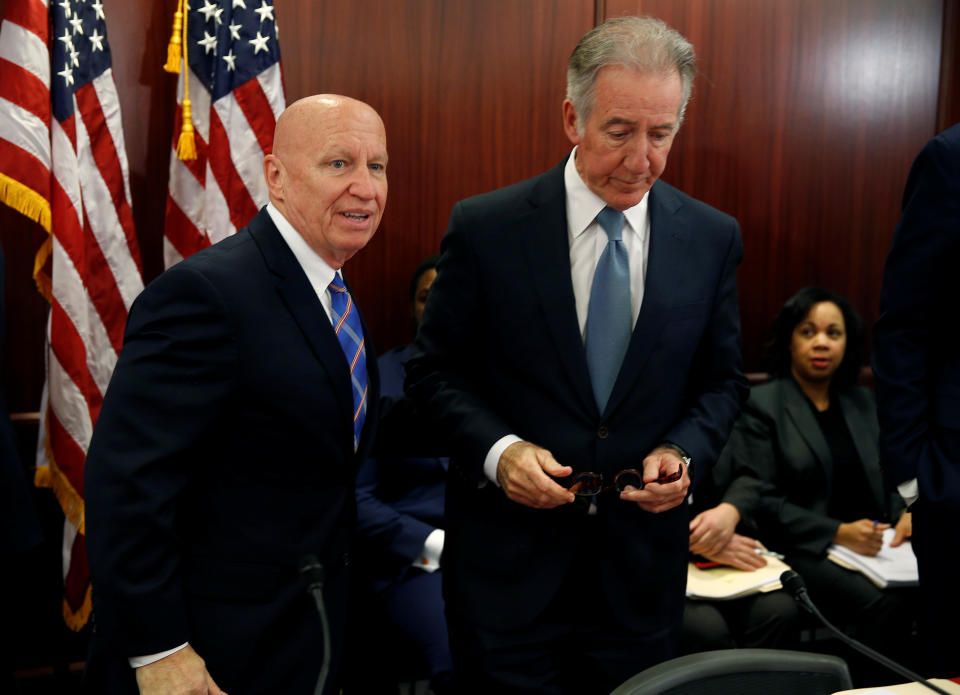 Chairman of the House Ways and Means Kevin Brady (R-TX) and Rep. Richard Neal (D-MA) stand before the House-Senate Conferees hold an open conference meeting on the "Tax Cuts and Jobs Act" on Capitol Hill in Washington, U.S., December 13, 2017.   REUTERS/Joshua Roberts