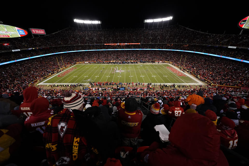 Fans watch Kansas City Chiefs play the Cincinnati Bengals during the second half of the NFL AFC Championship playoff football game, Sunday, Jan. 29, 2023, in Kansas City, Mo. (AP Photo/Charlie Riedel)