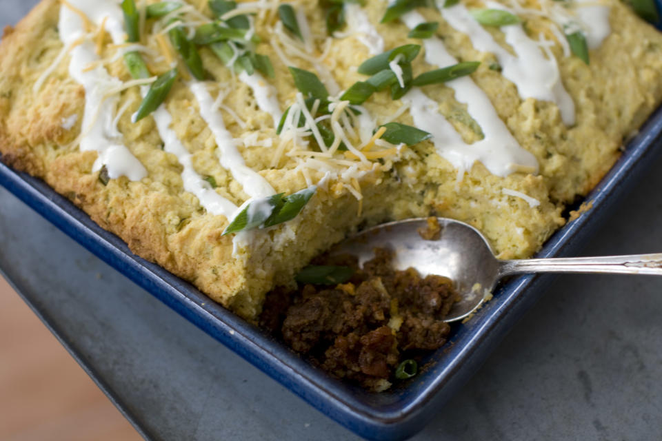 This Jan. 6, 2014 photo shows chili cornbread pie in Concord, N.H. (AP Photo/Matthew Mead)