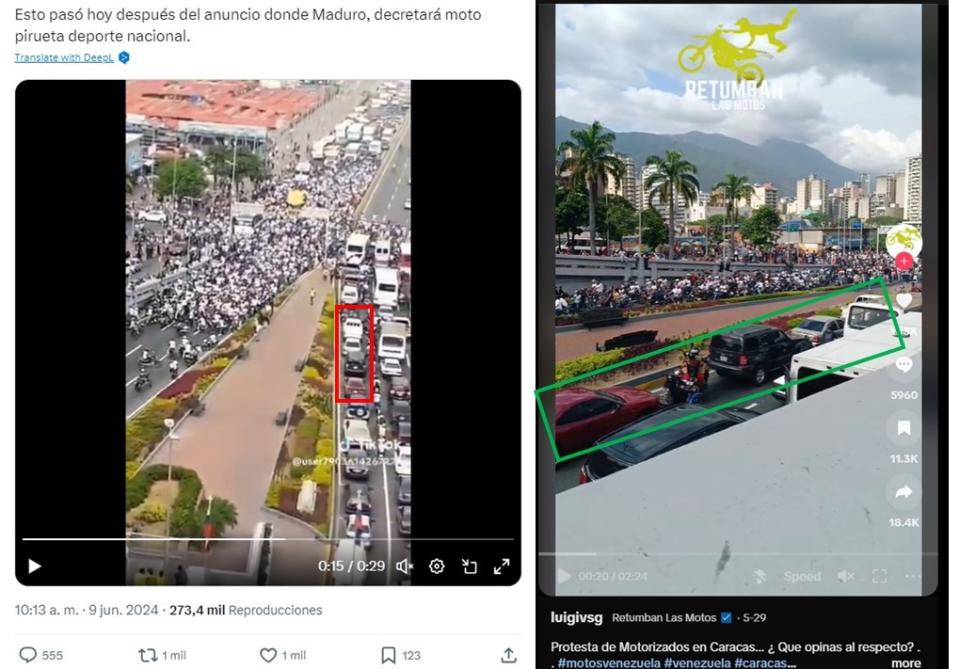 <span>Comparación entre capturas de pantalla de una publicación en X (I) y una entrada en TikTok, hecha el 11 de junio de 2024</span>