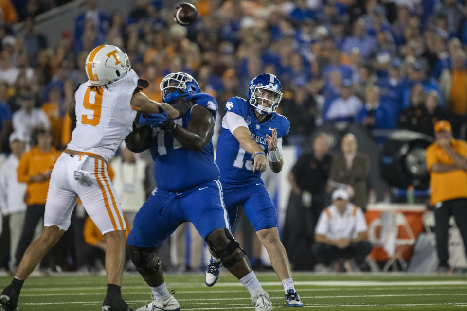 Kentucky quarterback Devin Leary (13) throws during the second half of an NCAA college football game against Tennessee in Lexington, Ky., Saturday, Oct. 28, 2023. (AP Photo/Michelle Haas Hutchins)