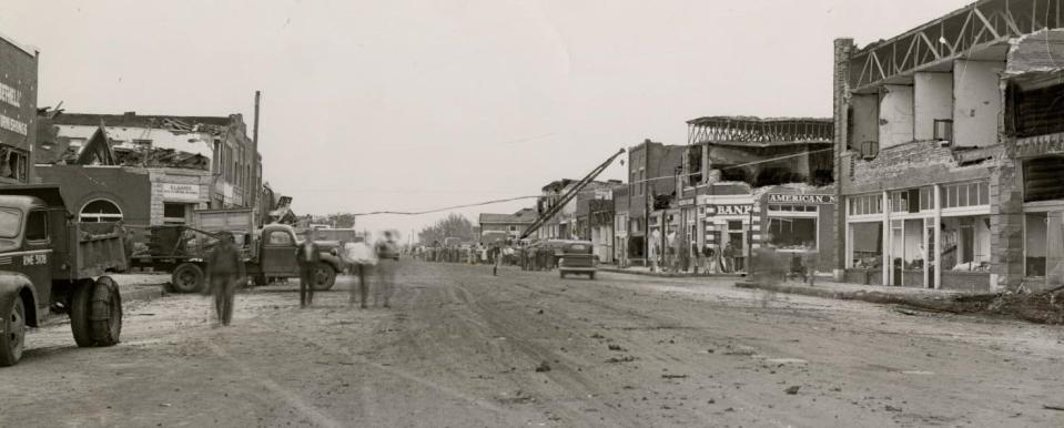 No building was left undamaged down the main street of Pryor by the tornado that struck April 27, 1942. "When the storm passed, dead were in the street, injured were screaming for help," as described in the Oklahoma City Times.
