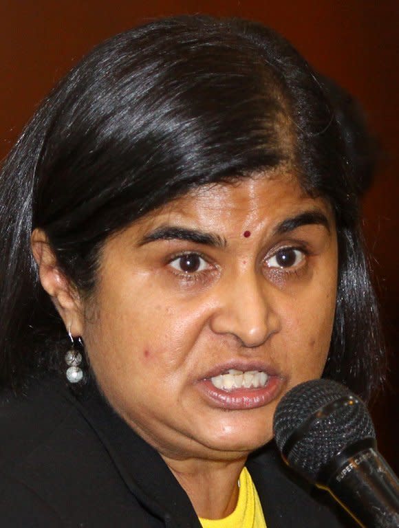 Ambiga Sreenevasan, lawyer and co-chair of electoral reform group Bersih, pictured on April 4, 2012. Malaysia detained an Australian politician at Kuala Lumpur airport Saturday, branding him a "prohibited immigrant" ahead of his expected deportation, in a move Canberra described as "disappointing"