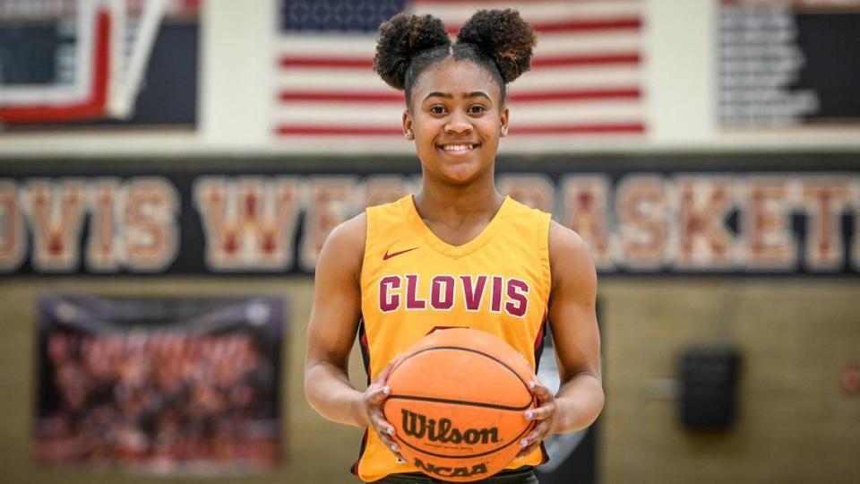 Clovis West girls basketball player Athena Tomlinson, The Fresno Bee’s high school girls basketball Player of the Year, photographed in the school’s west gym on Monday, March 27, 2023. CRAIG KOHLRUSS/ckohlruss@fresnobee.com