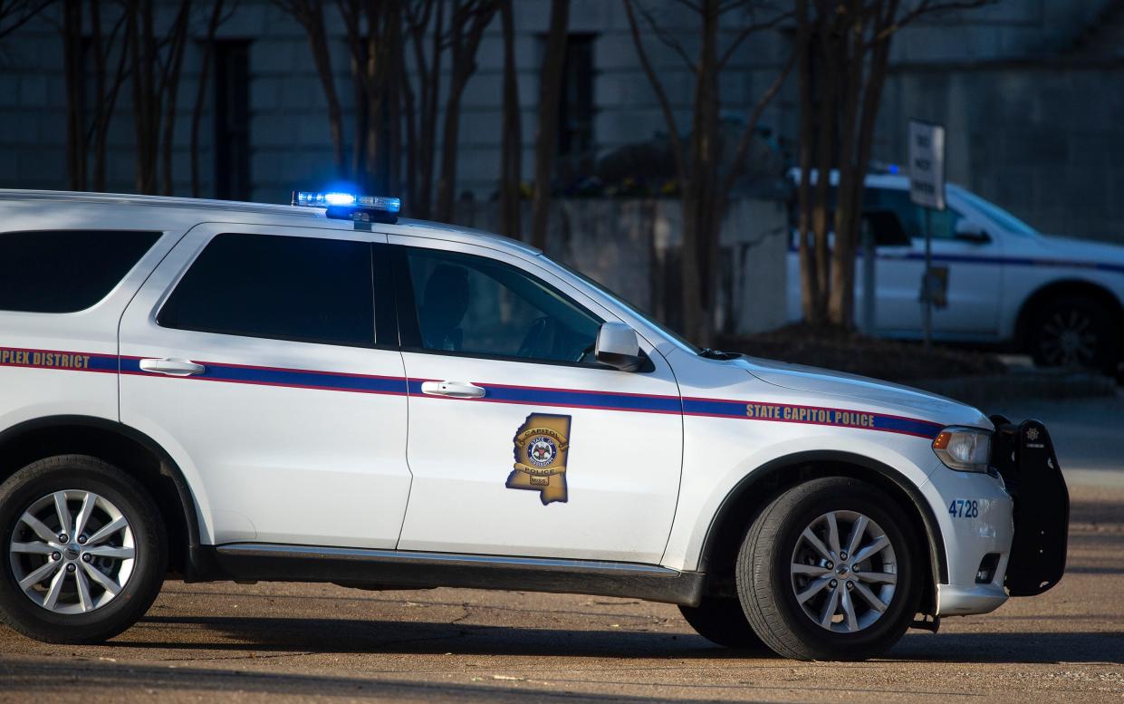 This 2021 photo shows a Mississippi Capitol Police vehicle at the statehouse in Jackson, Miss.