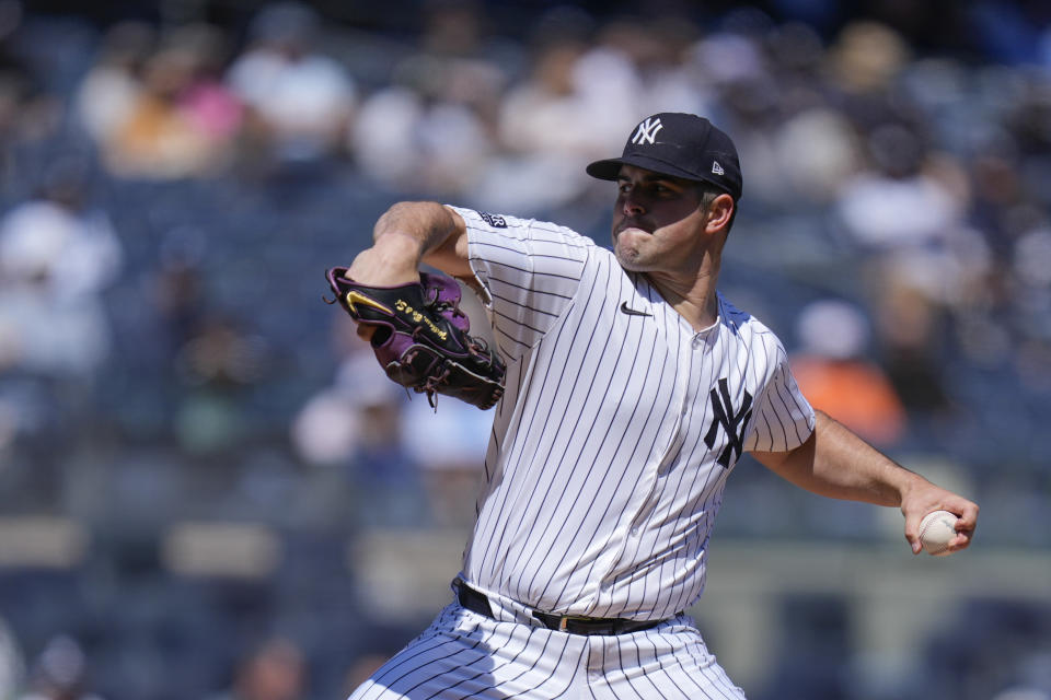 New York Yankees pitcher Carlos Rodón throws during the first inning of the baseball game against the Oakland Athletics at Yankee Stadium Monday, April 22, 2024, in New York. (AP Photo/Seth Wenig)