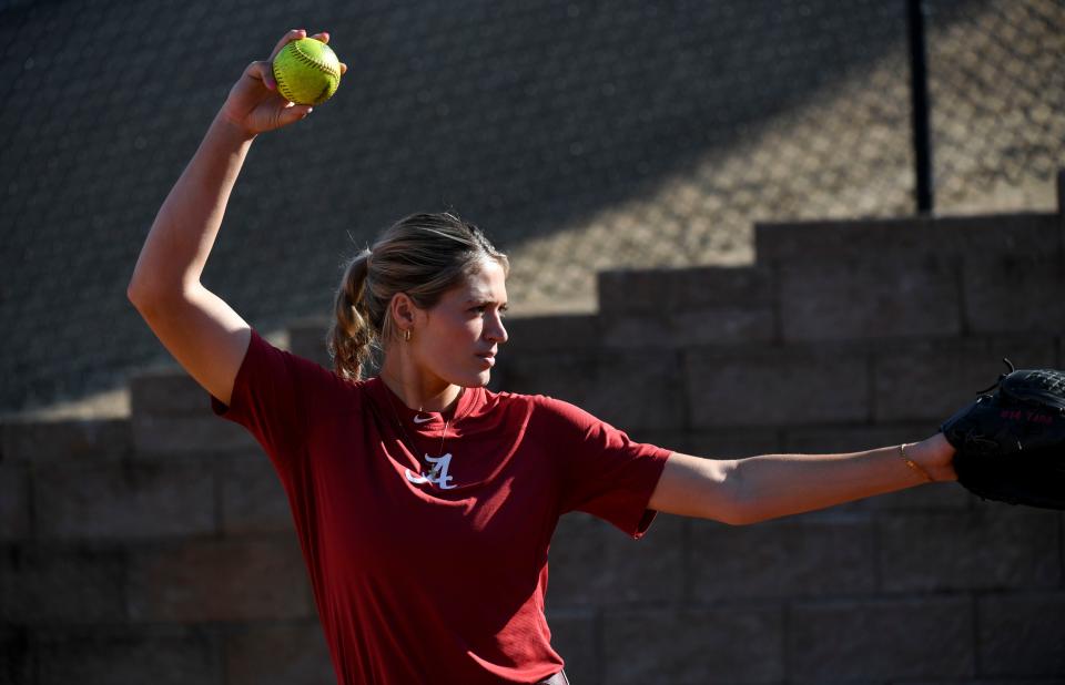 Feb 7, 2023; Tuscaloosa, AL, USA;  The Alabama softball practiced Tuesday as they prepare to open the 2023 season Friday. Pitcher Montana Fouts throws in the bullpen. 